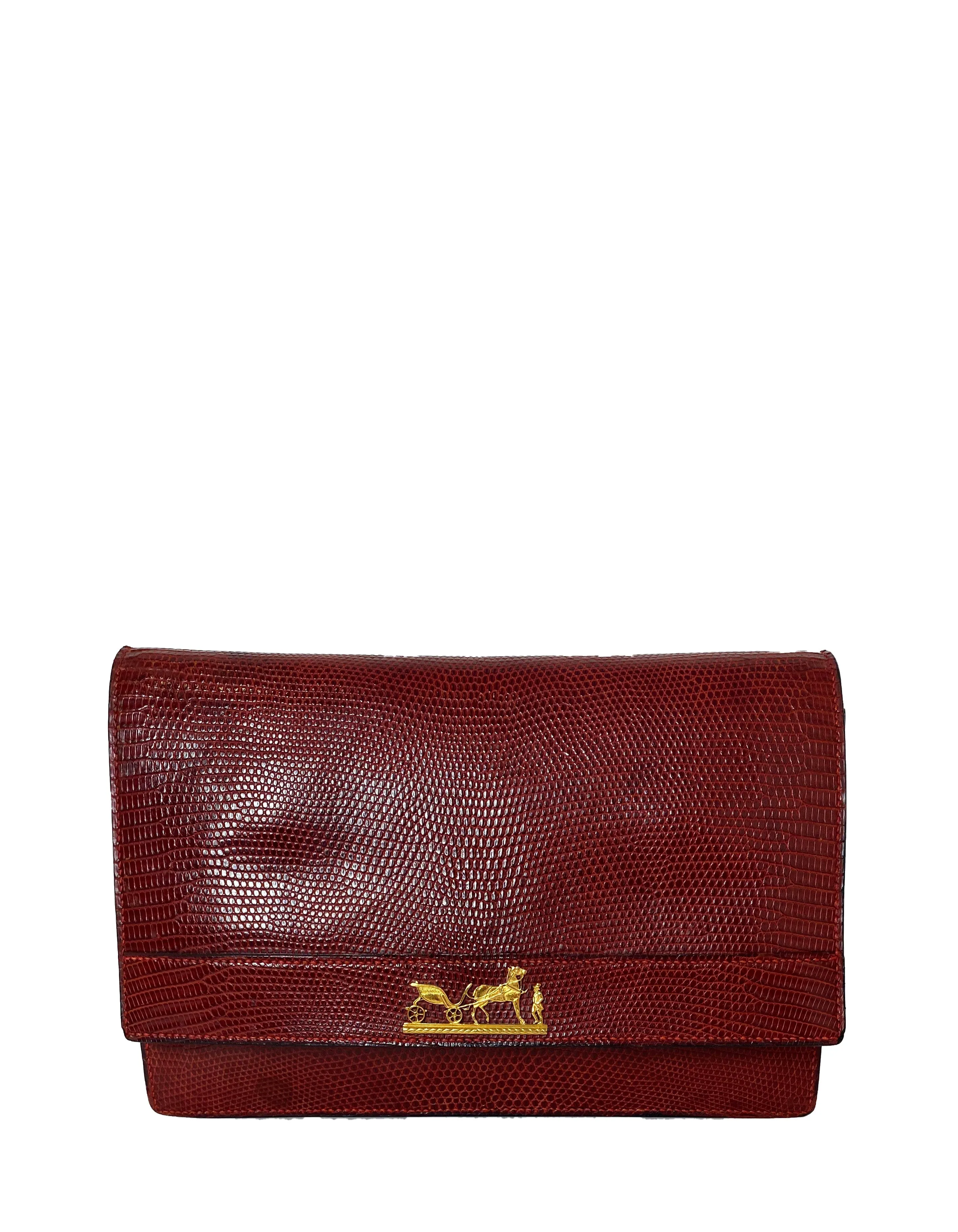 Hermes Vintage Rouge H Burgundy Lizard Sac Eugine 2-Way Clutch/Shouder Bag