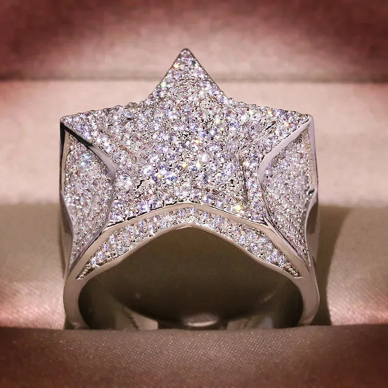 Hip Hop 5 Star Rings Men's Iced Zirconia Jewelry Couple Wedding Rings