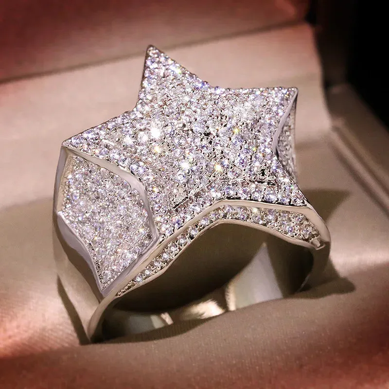 Hip Hop 5 Star Rings Men's Iced Zirconia Jewelry Couple Wedding Rings