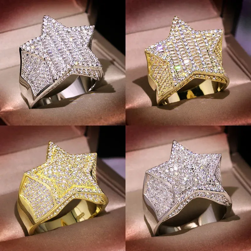 Hip Hop 5 Star Rings Men's Iced Zirconia Jewelry Couple Wedding Rings