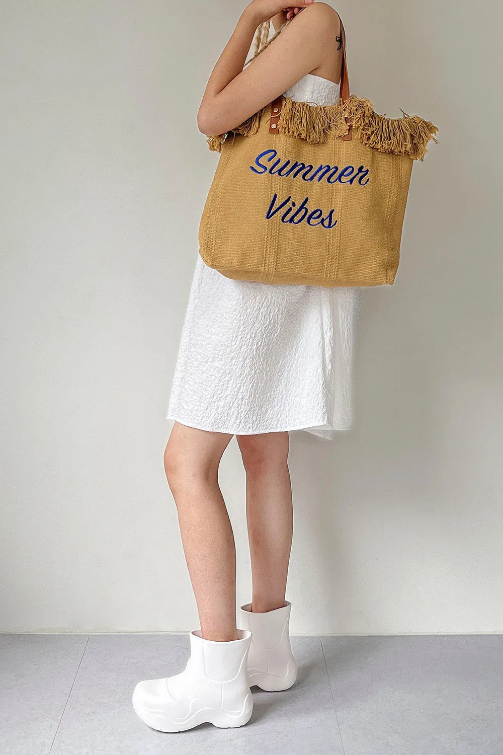 Lettering Raffia Shoulder Bag