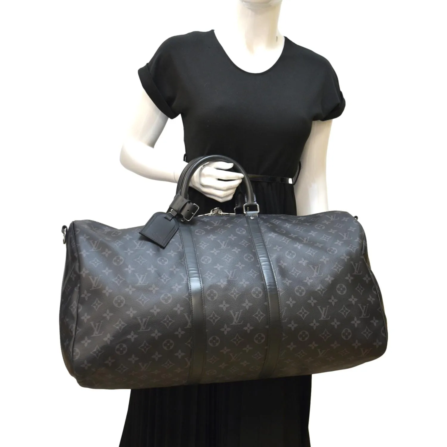 LOUIS VUITTON Keepall 55 Bandouliere Monogram Eclipse Travel Bag Black
