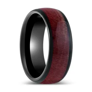 MATHAIOS | Black Tungsten Ring, Burgundy Solidified Wood, Domed