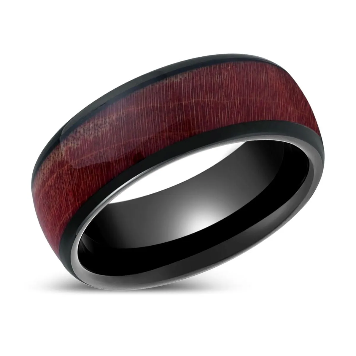 MATHAIOS | Black Tungsten Ring, Burgundy Solidified Wood, Domed