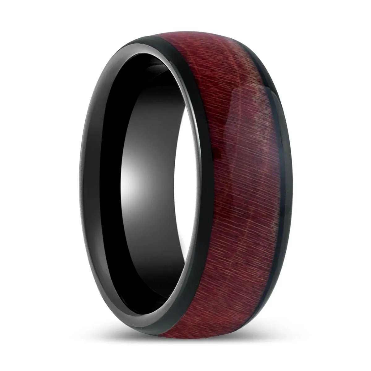 MATHAIOS | Black Tungsten Ring, Burgundy Solidified Wood, Domed