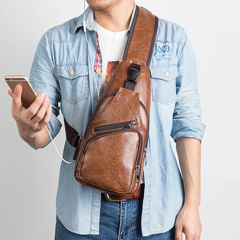 Men Casual Resistant Waterproof Anti-theft Chest Bag Headphone Hole USB Charging Port Design Multi-pocket Travel Daypack Shoulder Bag