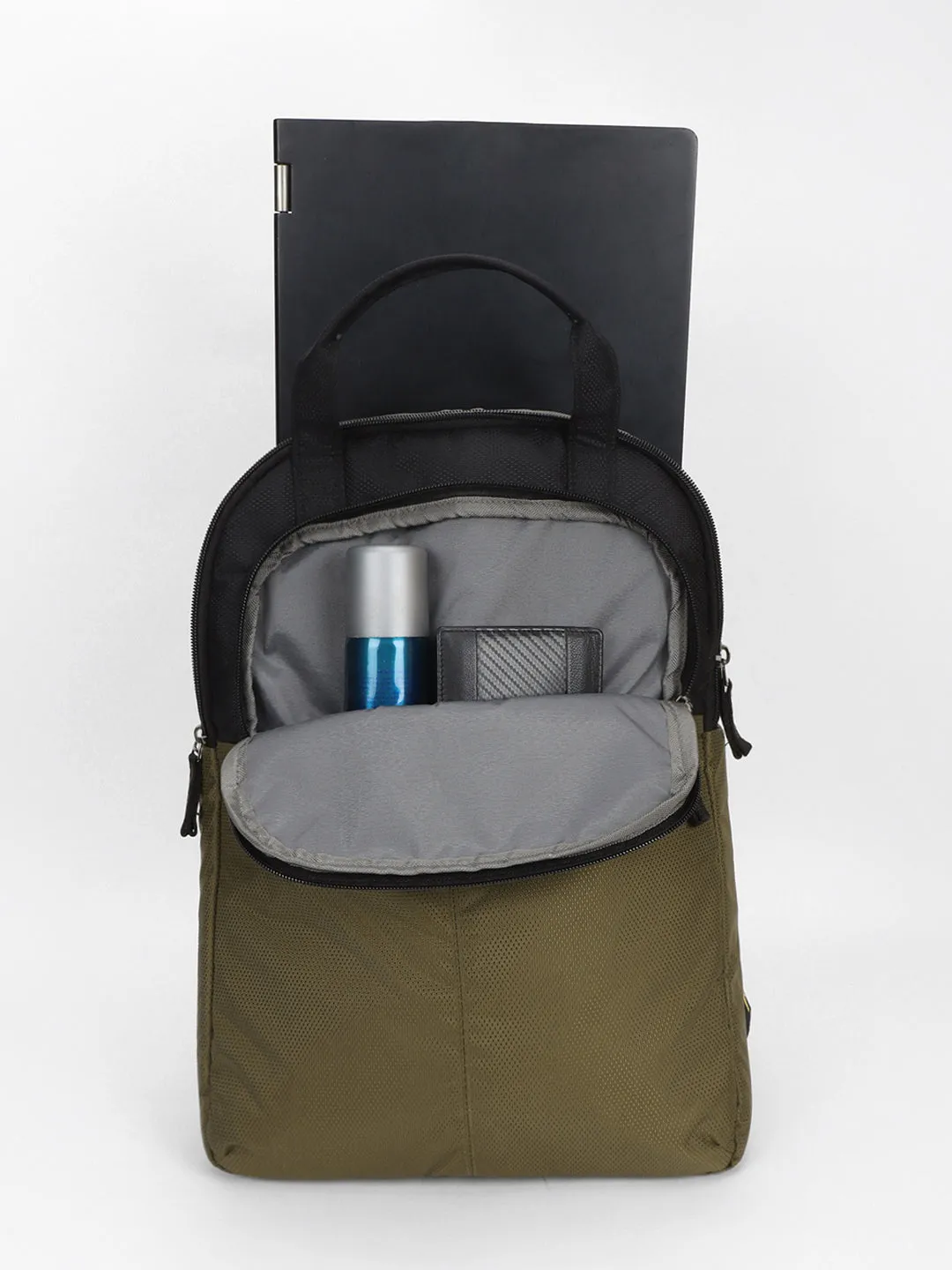 Men's Black & Olive Water Repellent Travel Backpack with adjustable shoulder strap