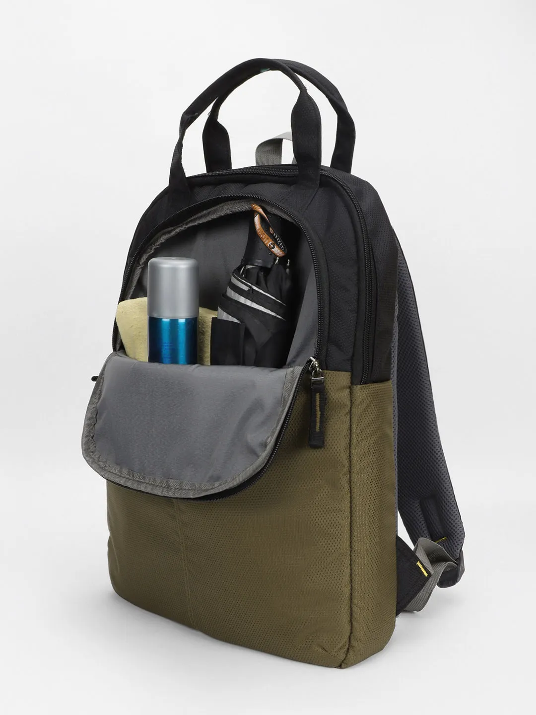 Men's Black & Olive Water Repellent Travel Backpack with adjustable shoulder strap
