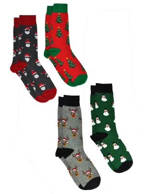 Men's Christmas Socks Santa Claus Trees Snowmen Reindeer Size 10-13(4-Pair Set)