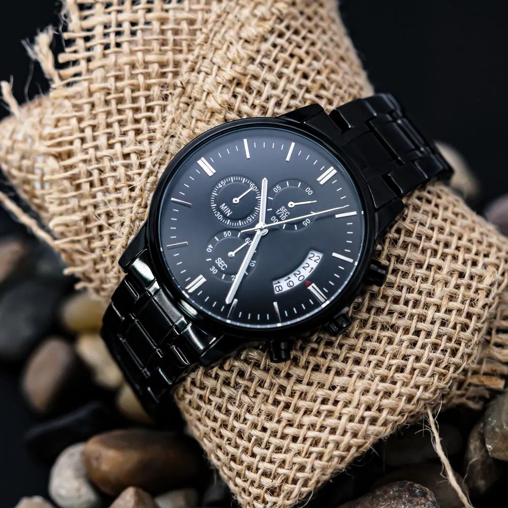 Men's Engraved Black Chronograph Watch