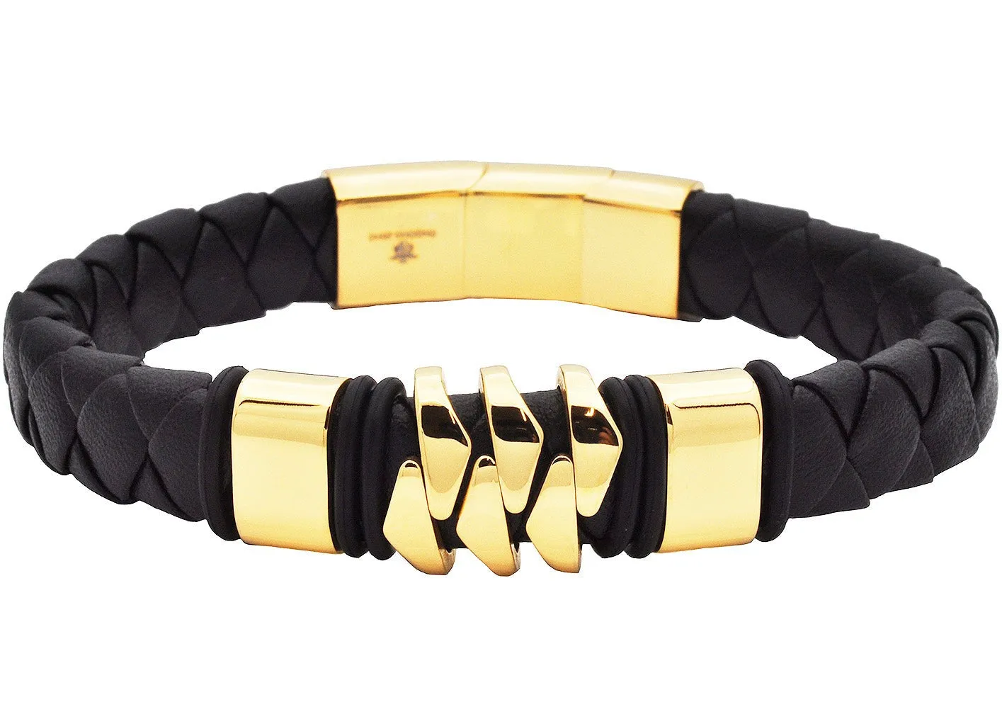 Men's Genuine Gold Plated Leather Black Stainless Steel Bracelet