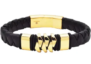 Men's Genuine Gold Plated Leather Black Stainless Steel Bracelet