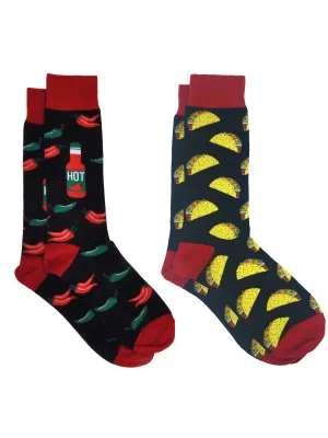 Men's Hot Sauce Chili Peppers Socks & All-Over Taco Food Dress Socks 2-Pair Set
