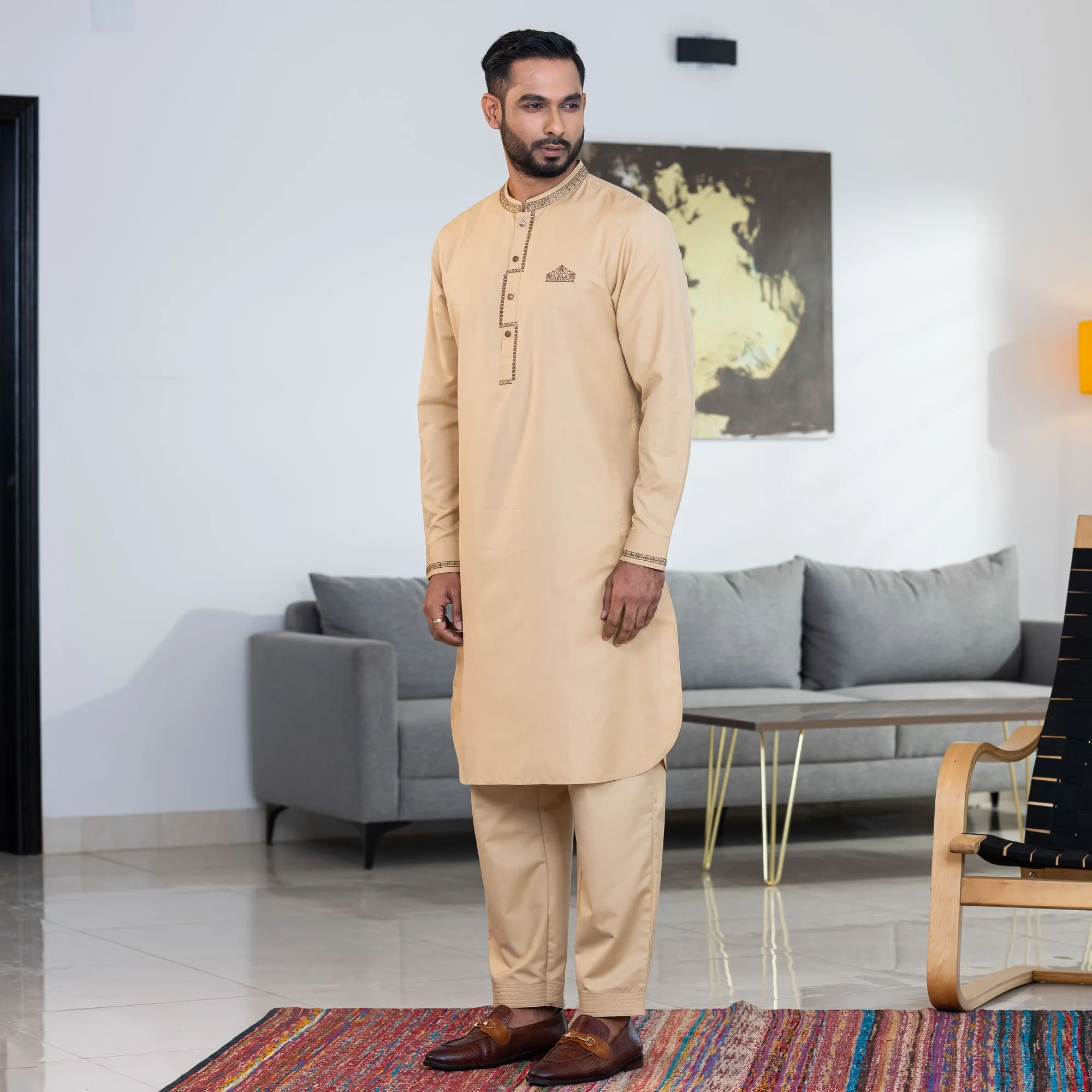 Mens Khaki Embroidery Kabli Set