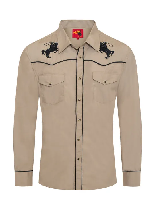Men's Khaki Horse Embroidery Western Shirt