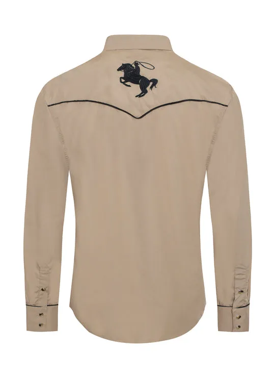 Men's Khaki Horse Embroidery Western Shirt
