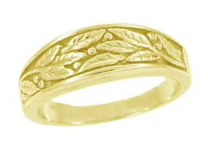 Mid Century Modern Sculptural Engraved Olive Leaves Ring in Yellow Gold - 6.1mm wide