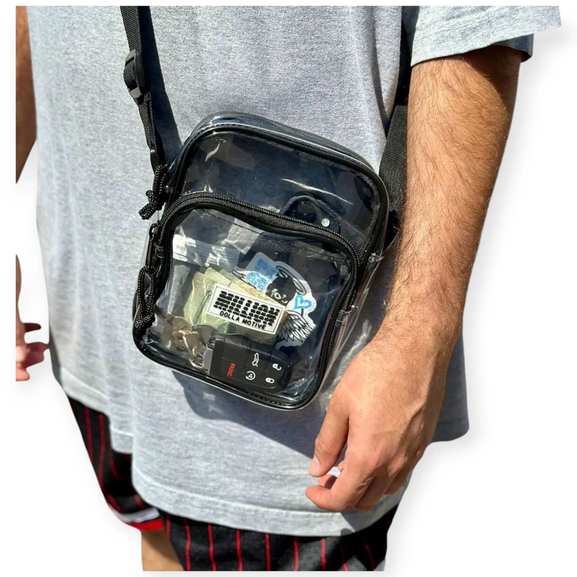 Million Dolla Motive Men Clear 2 Zipper Sling Bag (Clear)