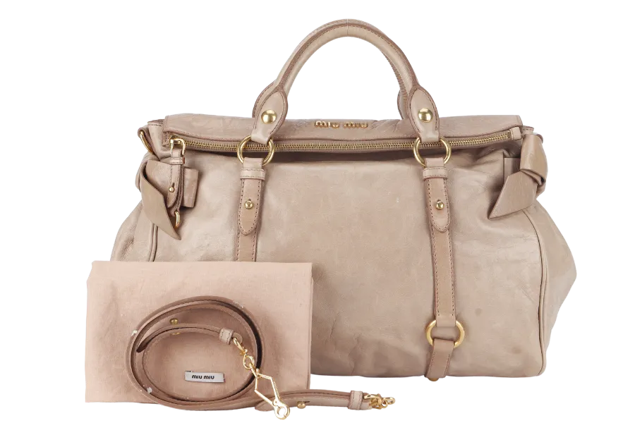 MIU MIU 2WAY BOW RIBBON HANDBAG BEIGE LEATHER WITH DUST COVER