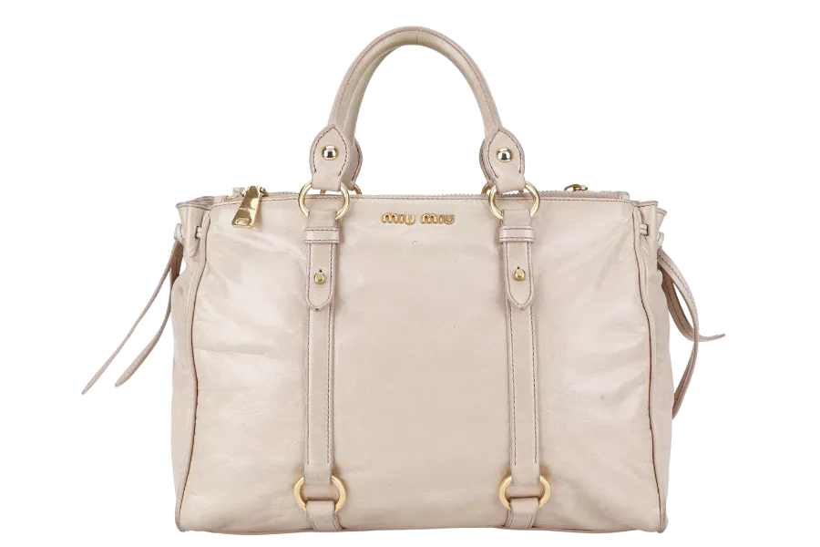 MIU MIU VITELLO LUX LARGE BEIGE BOWLER BAG GOLD HARDWARE WITH LEATHER STRAPS AND DUST COVER