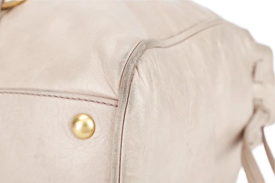 MIU MIU VITELLO LUX LARGE BEIGE BOWLER BAG GOLD HARDWARE WITH LEATHER STRAPS AND DUST COVER