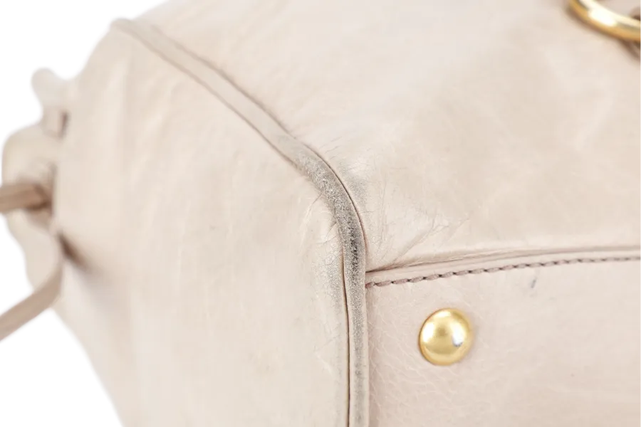 MIU MIU VITELLO LUX LARGE BEIGE BOWLER BAG GOLD HARDWARE WITH LEATHER STRAPS AND DUST COVER