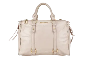 MIU MIU VITELLO LUX LARGE BEIGE BOWLER BAG GOLD HARDWARE WITH LEATHER STRAPS AND DUST COVER