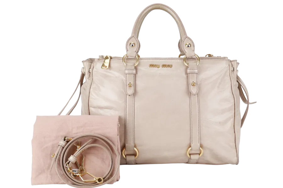 MIU MIU VITELLO LUX LARGE BEIGE BOWLER BAG GOLD HARDWARE WITH LEATHER STRAPS AND DUST COVER