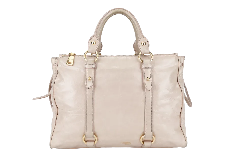 MIU MIU VITELLO LUX LARGE BEIGE BOWLER BAG GOLD HARDWARE WITH LEATHER STRAPS AND DUST COVER