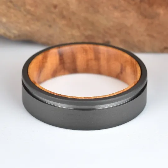 Olive Wood Black Titanium Men's Wedding Band 6MM