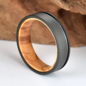Olive Wood Black Titanium Men's Wedding Band 6MM