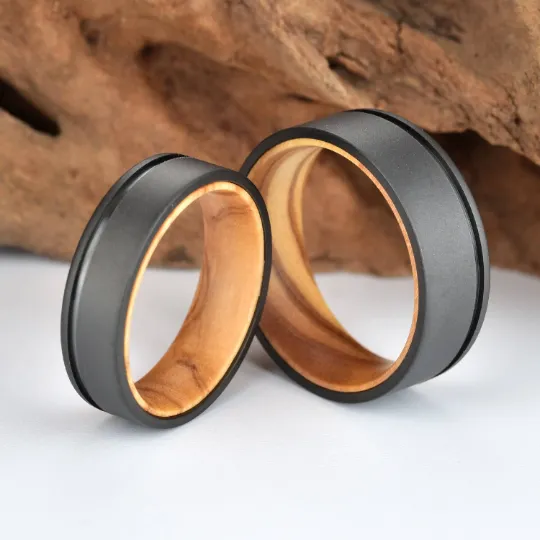 Olive Wood Black Titanium Men's Wedding Band 6MM