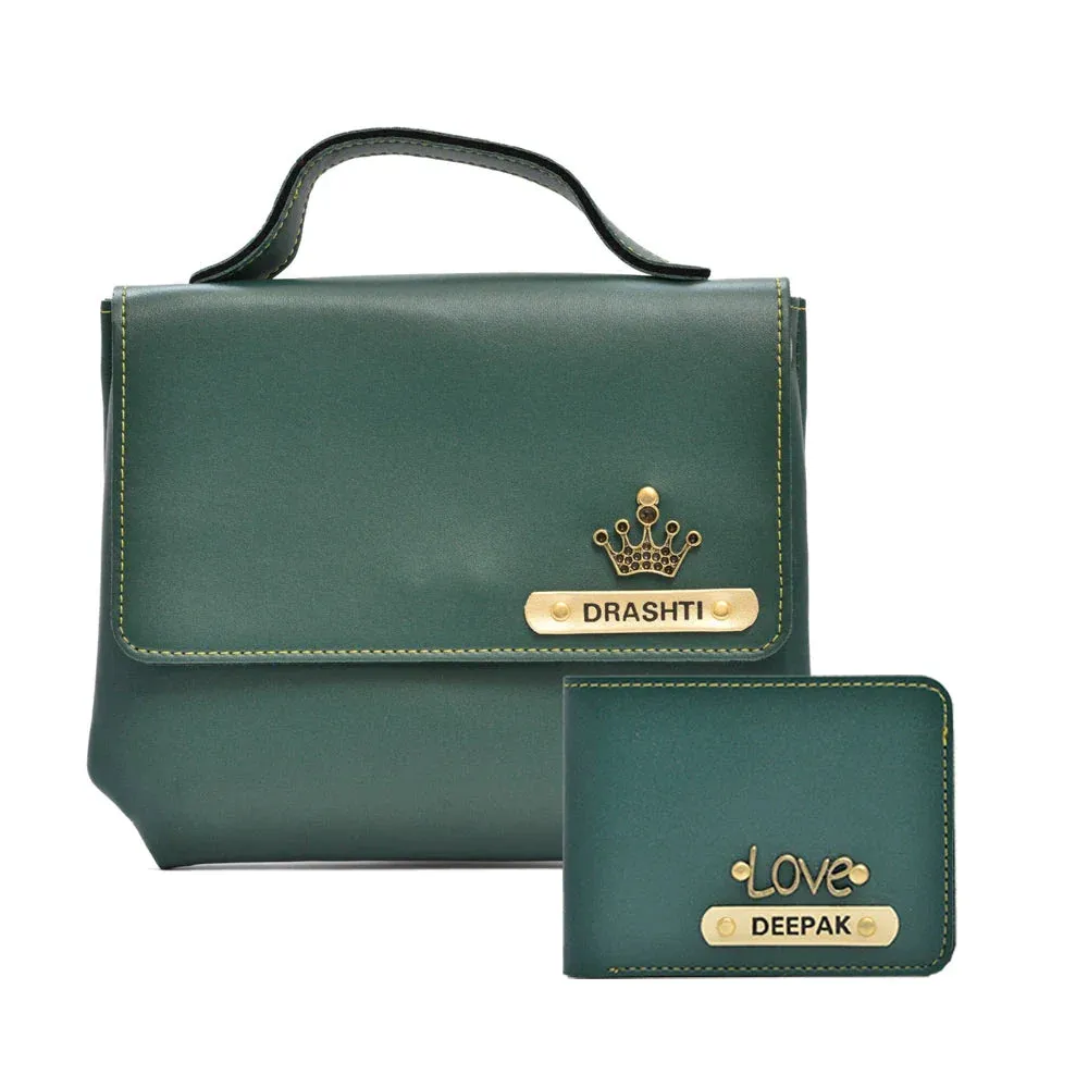 Personalized Couple's Combo : Sling Bag & Men's Wallet - Olive Green