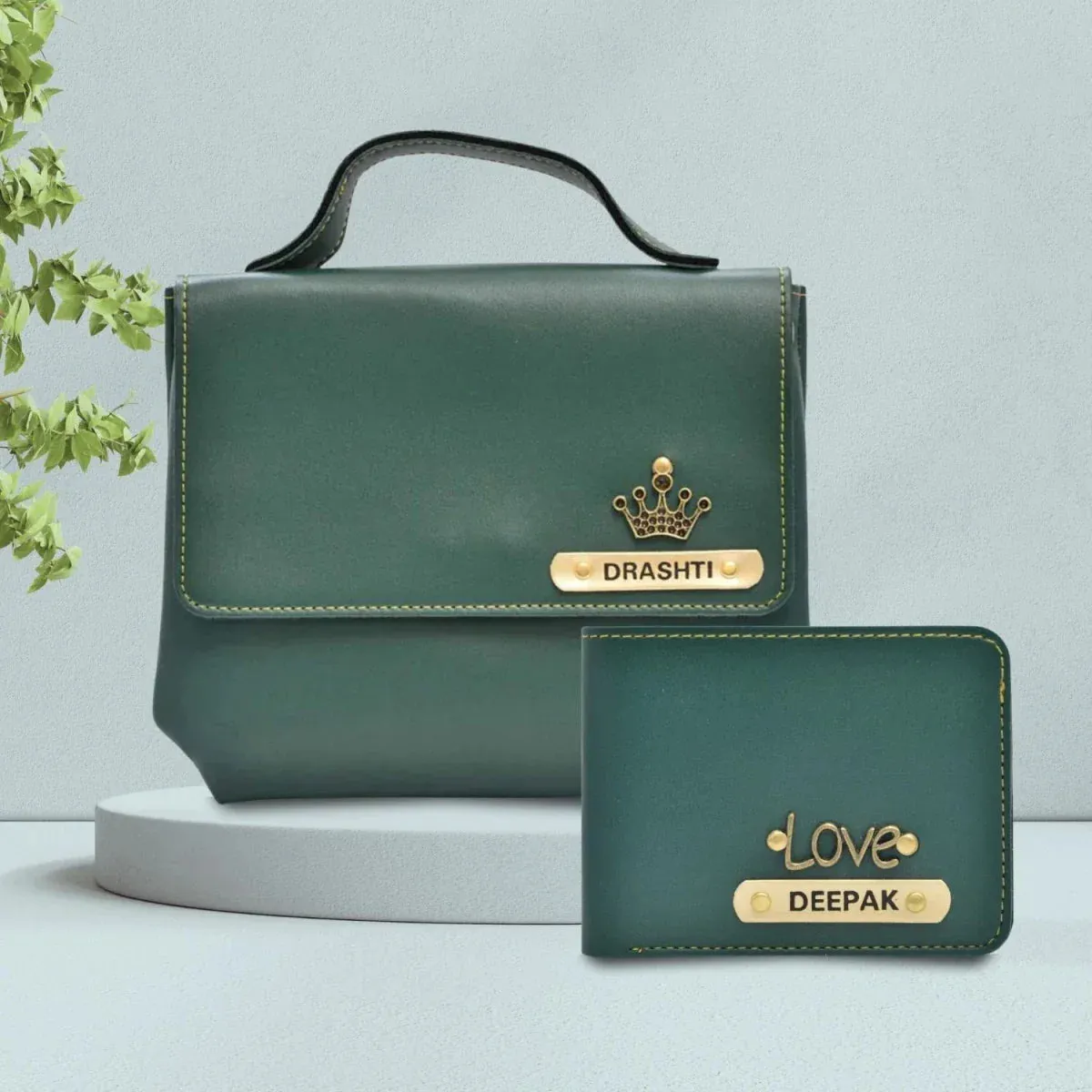 Personalized Couple's Combo : Sling Bag & Men's Wallet - Olive Green