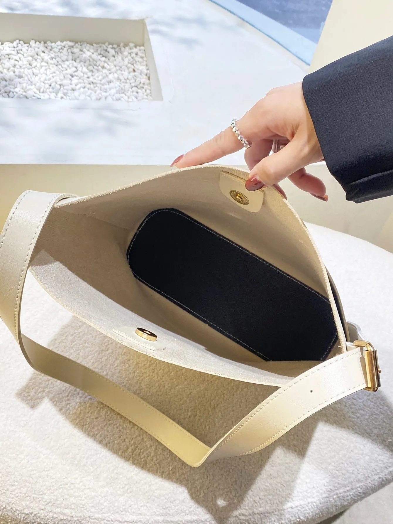 Pocket Front Design Buckle Detail Bucket Bag - Beige