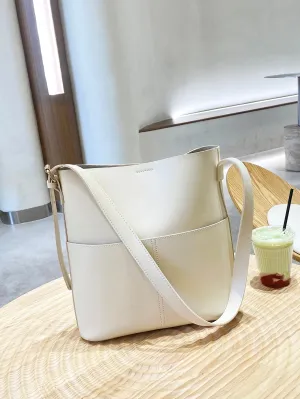 Pocket Front Design Buckle Detail Bucket Bag - Beige
