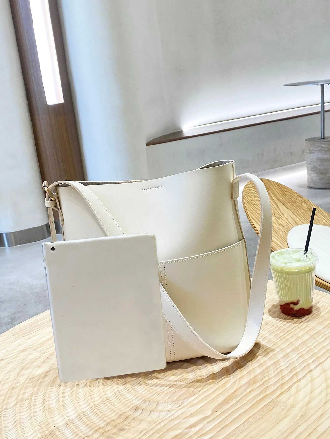 Pocket Front Design Buckle Detail Bucket Bag - Beige