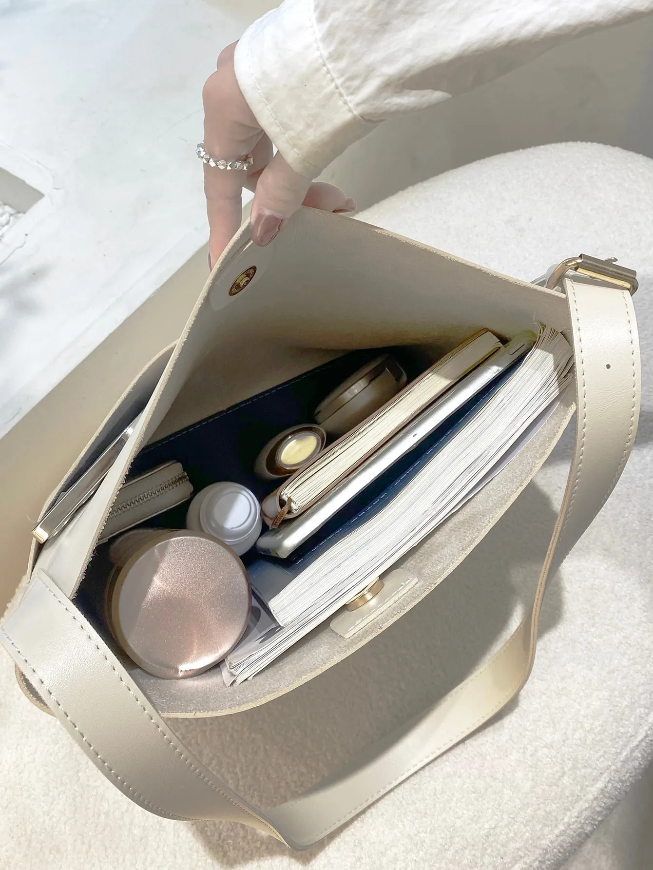 Pocket Front Design Buckle Detail Bucket Bag - Beige