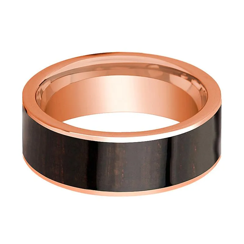 Polished 14k Rose Gold Men's Engagement Ring with Ebony Wood Inlay - 8MM
