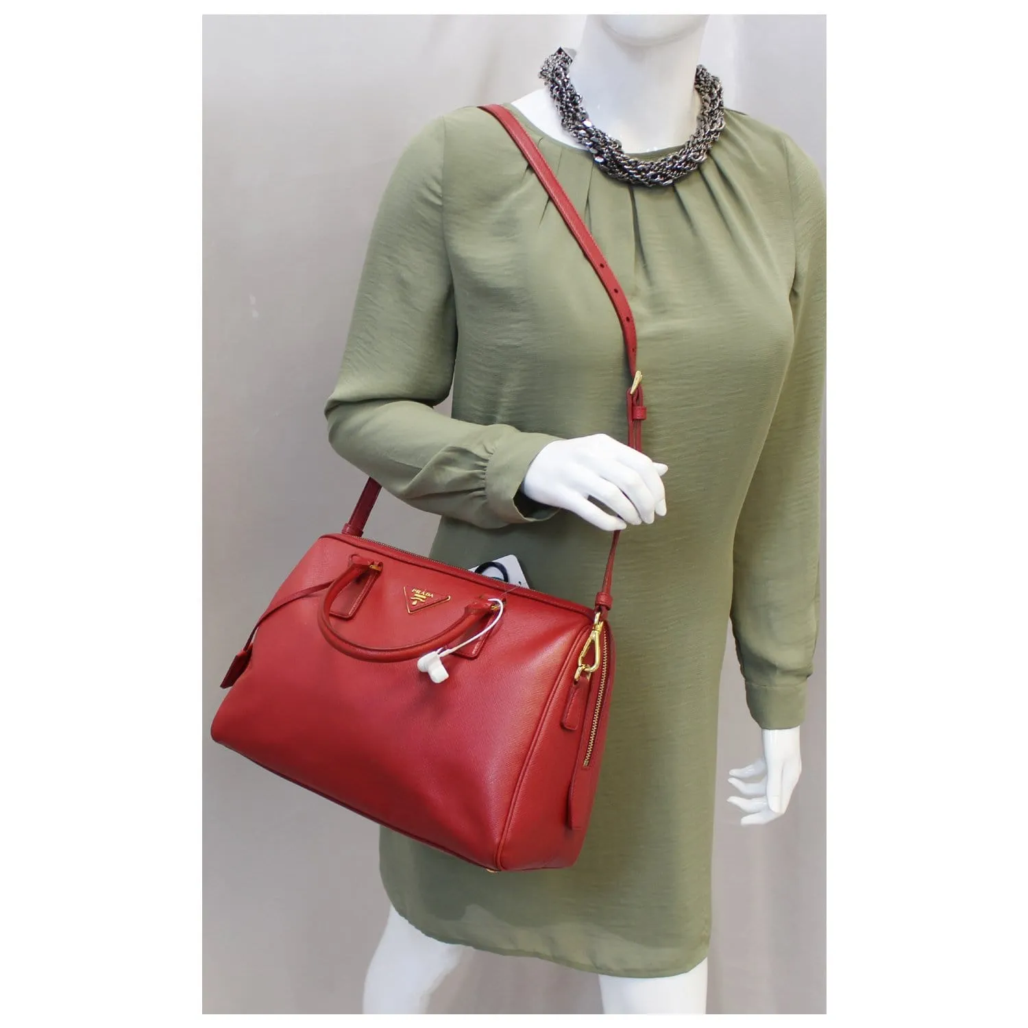 PRADA Lux Saffiano Leather Boston Handbag Red
