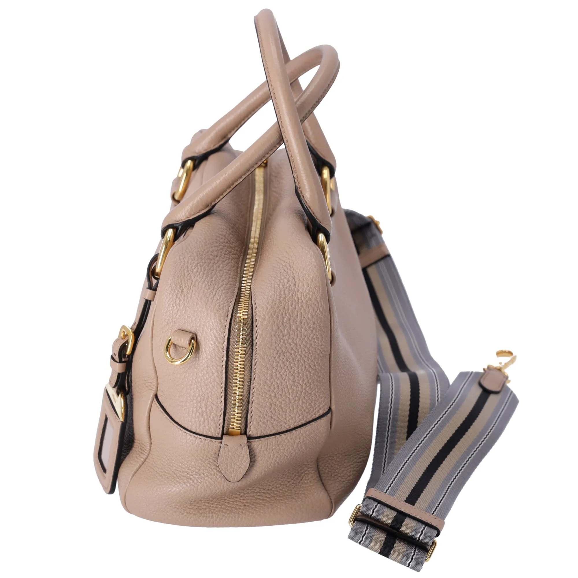 PRADA Vitello Phenix Bauletto Handbag 1BB086 Taupe Pebbled Leather