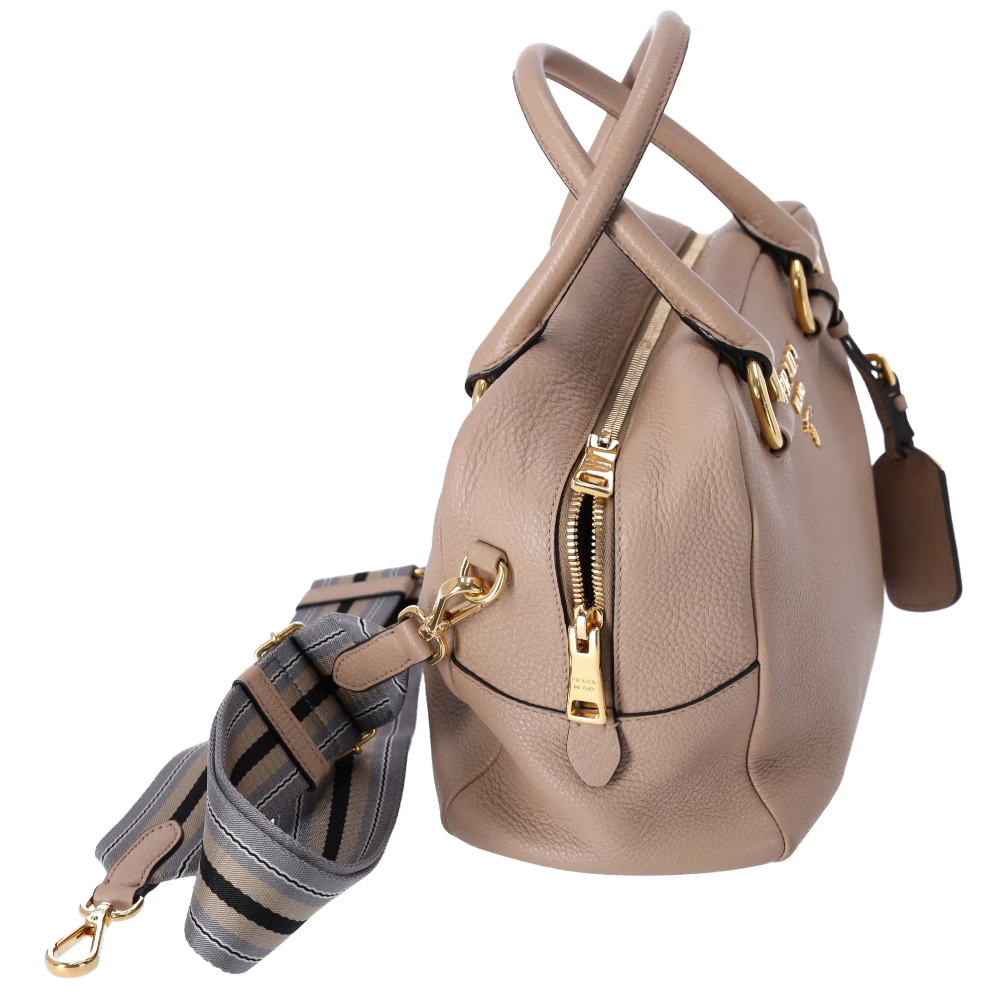 PRADA Vitello Phenix Bauletto Handbag 1BB086 Taupe Pebbled Leather