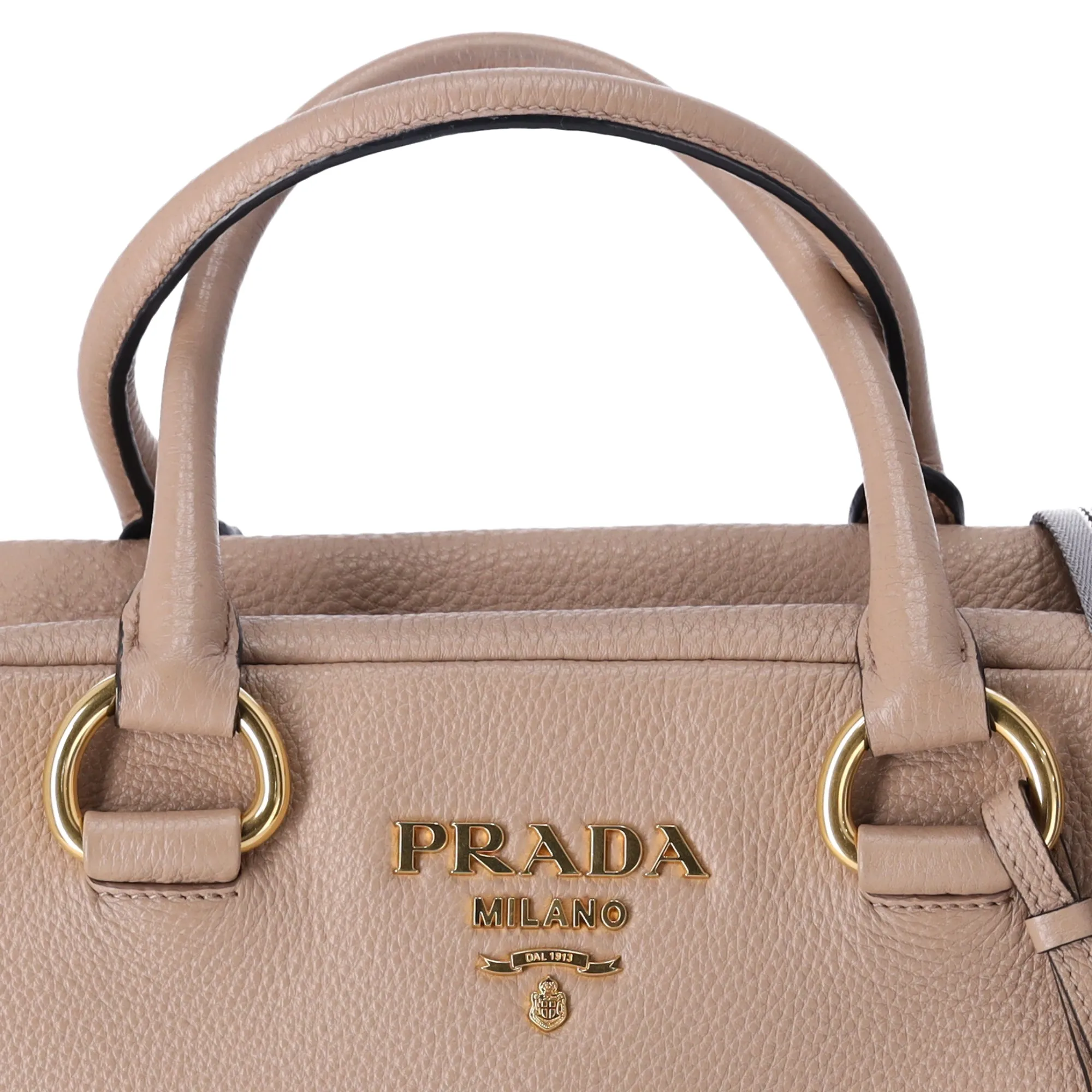 PRADA Vitello Phenix Bauletto Handbag 1BB086 Taupe Pebbled Leather
