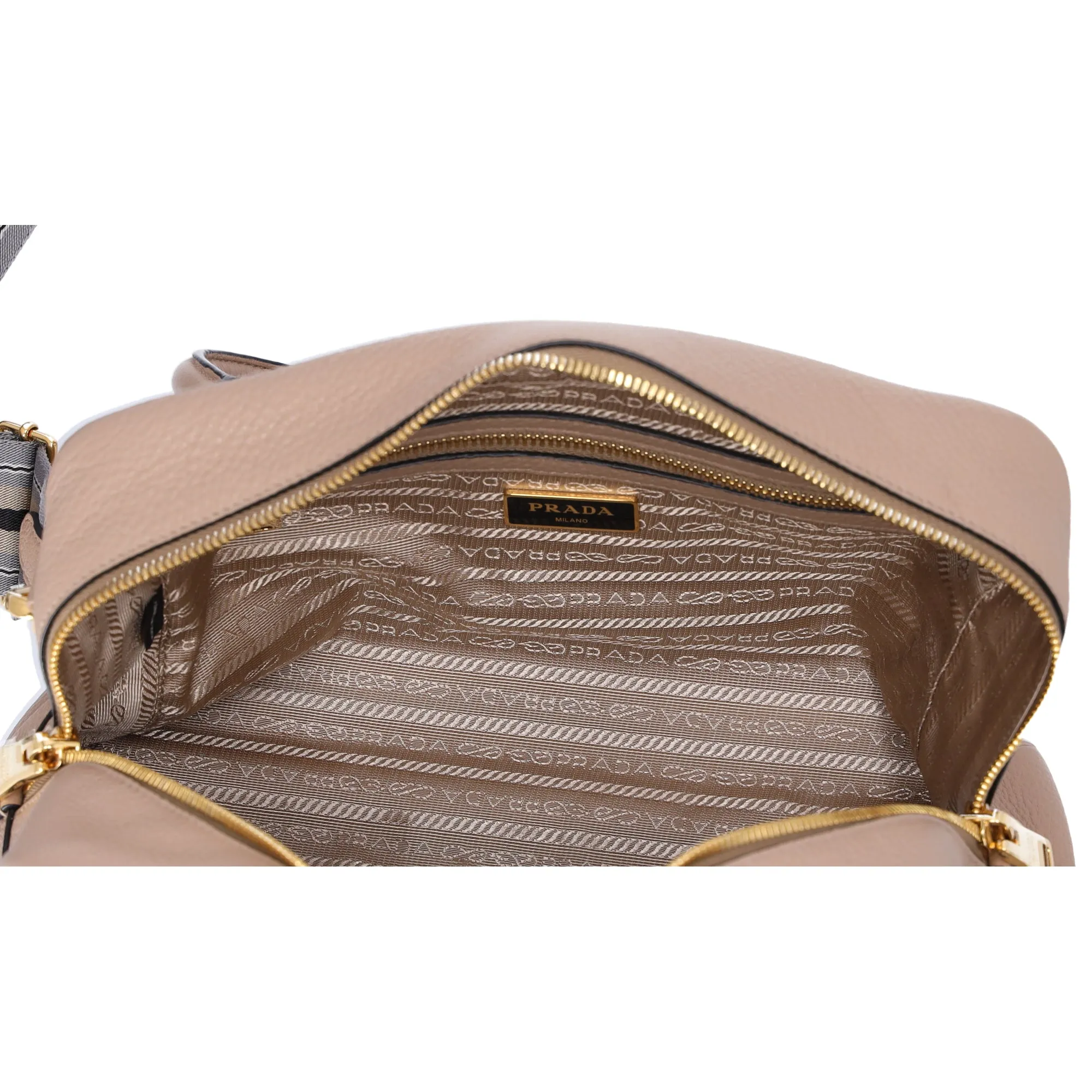 PRADA Vitello Phenix Bauletto Handbag 1BB086 Taupe Pebbled Leather