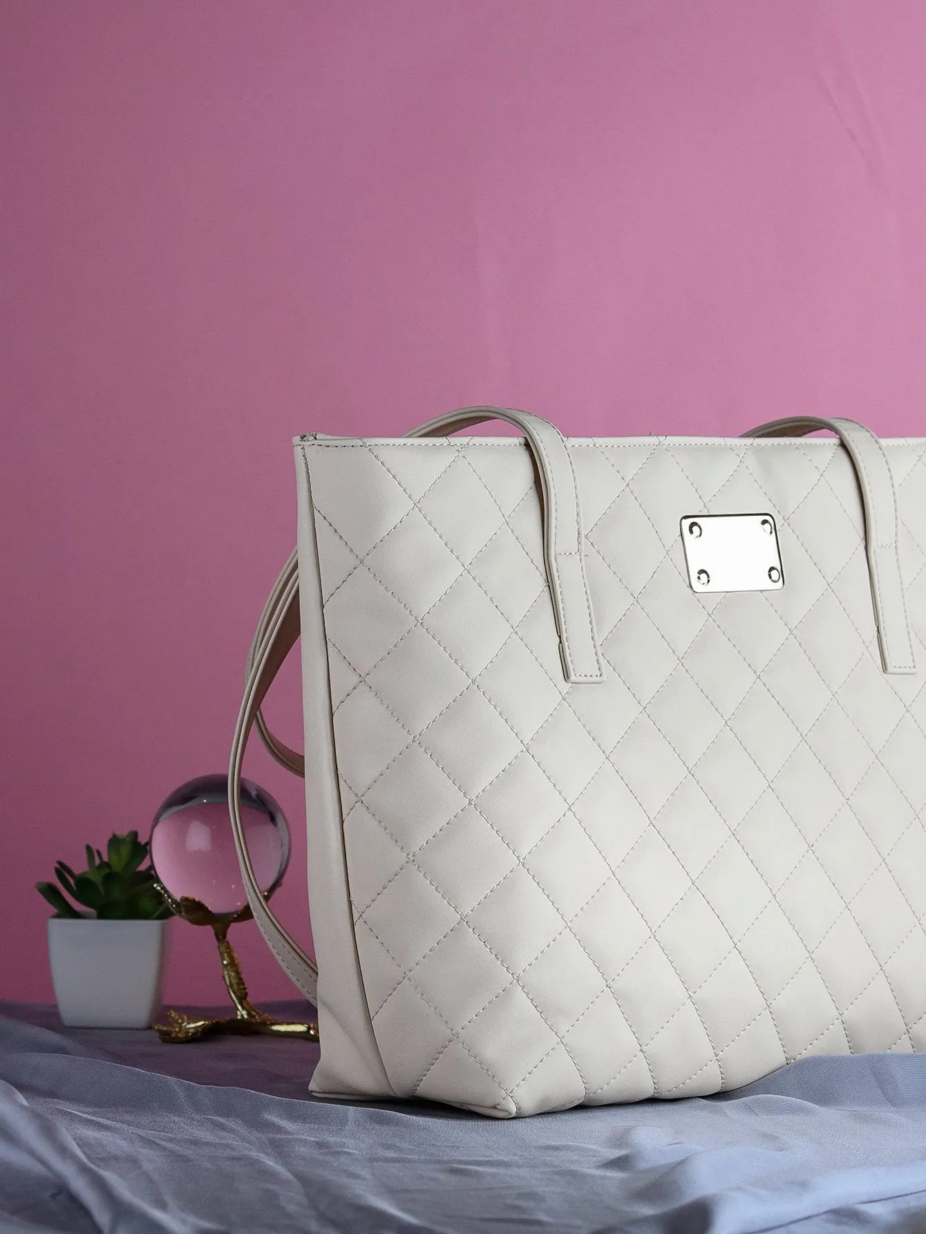 Quilted Pattern Shoulder Tote Bag - Beige - FD ⚡
