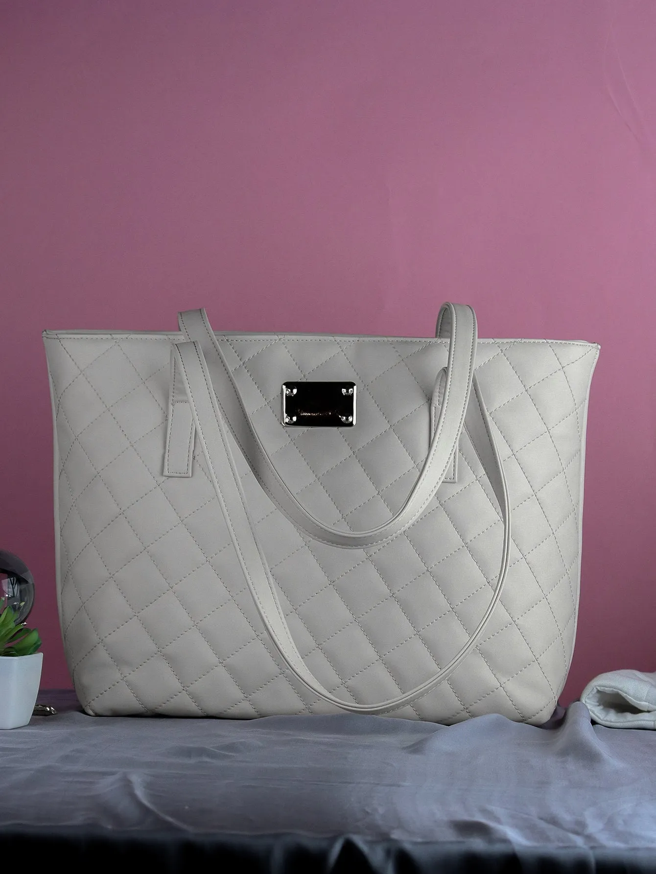 Quilted Pattern Shoulder Tote Bag - Beige - FD ⚡