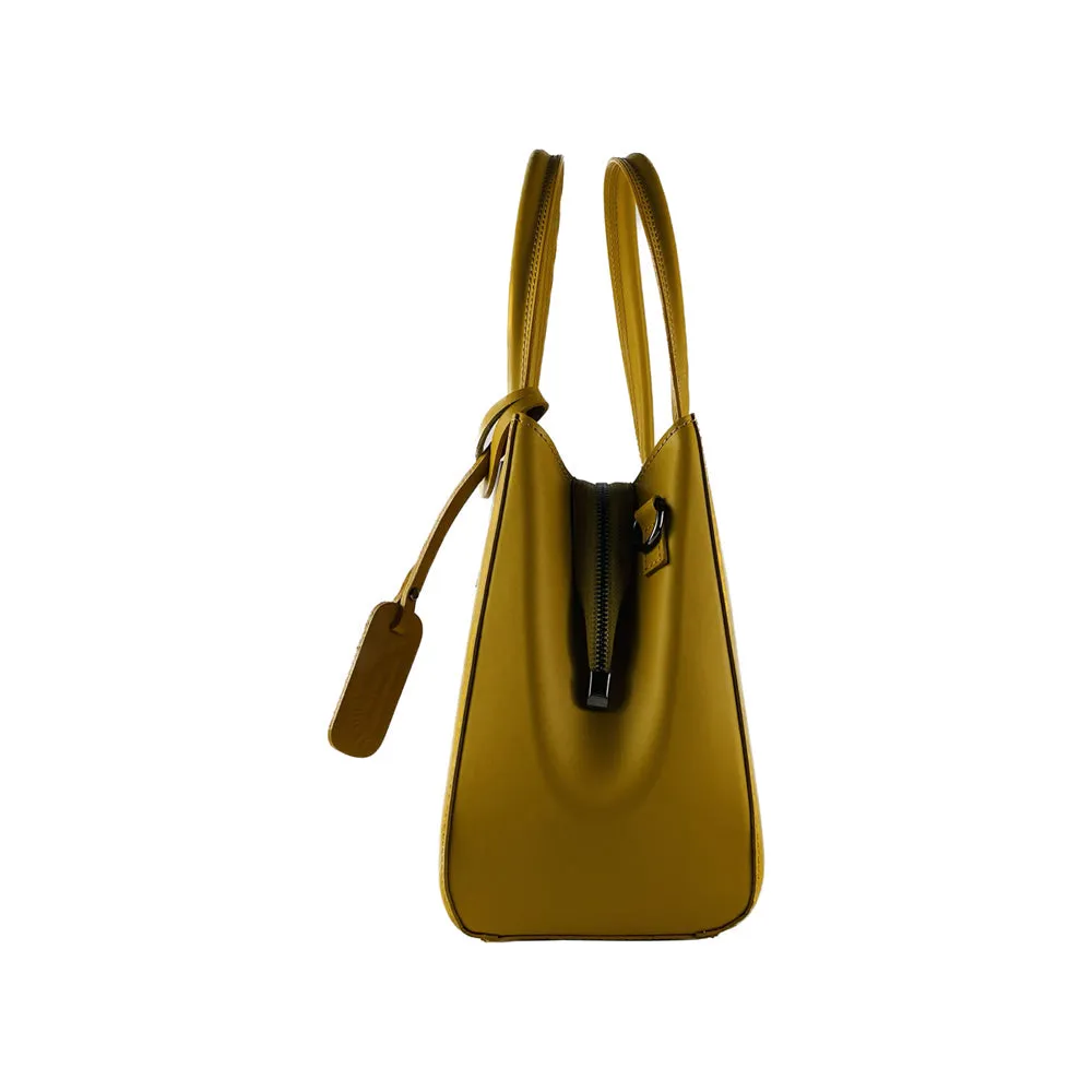 RB1004R | Genuine Leather Handbag Made in Italy with removable shoulder strap and gunmetal metal snap hook attachments - Mustard color - Dimensions: 33 x 25 x 15 cm   Handles 13 cm