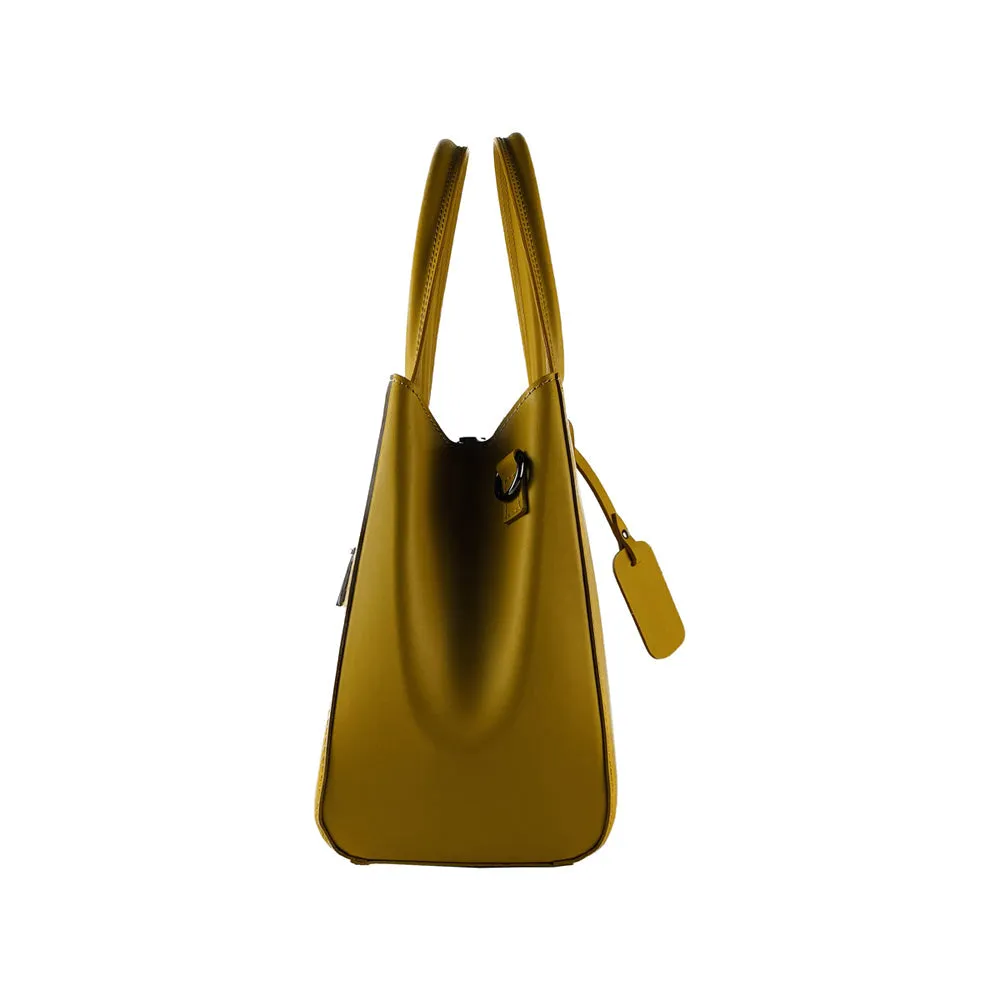 RB1004R | Genuine Leather Handbag Made in Italy with removable shoulder strap and gunmetal metal snap hook attachments - Mustard color - Dimensions: 33 x 25 x 15 cm   Handles 13 cm