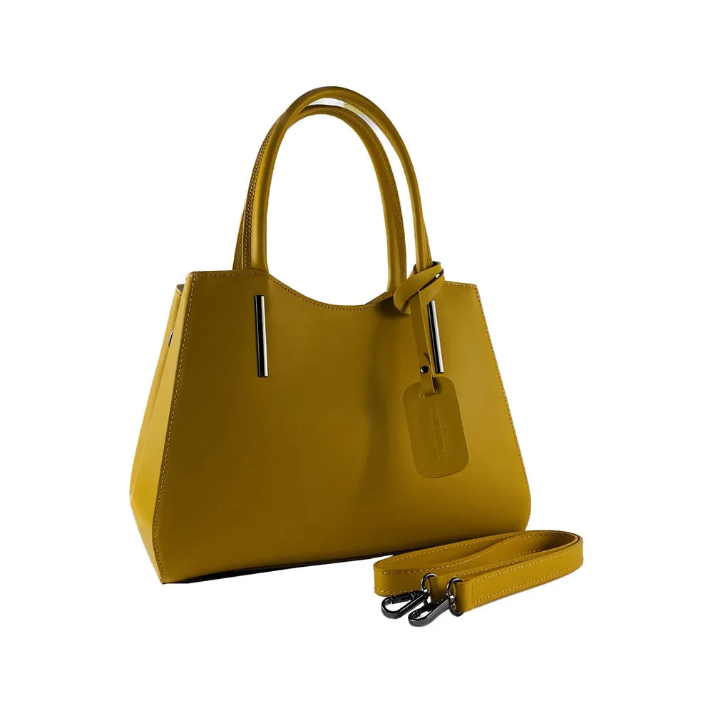 RB1004R | Genuine Leather Handbag Made in Italy with removable shoulder strap and gunmetal metal snap hook attachments - Mustard color - Dimensions: 33 x 25 x 15 cm   Handles 13 cm