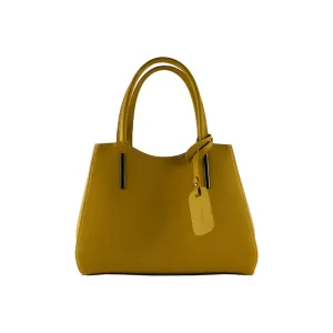 RB1004R | Genuine Leather Handbag Made in Italy with removable shoulder strap and gunmetal metal snap hook attachments - Mustard color - Dimensions: 33 x 25 x 15 cm   Handles 13 cm